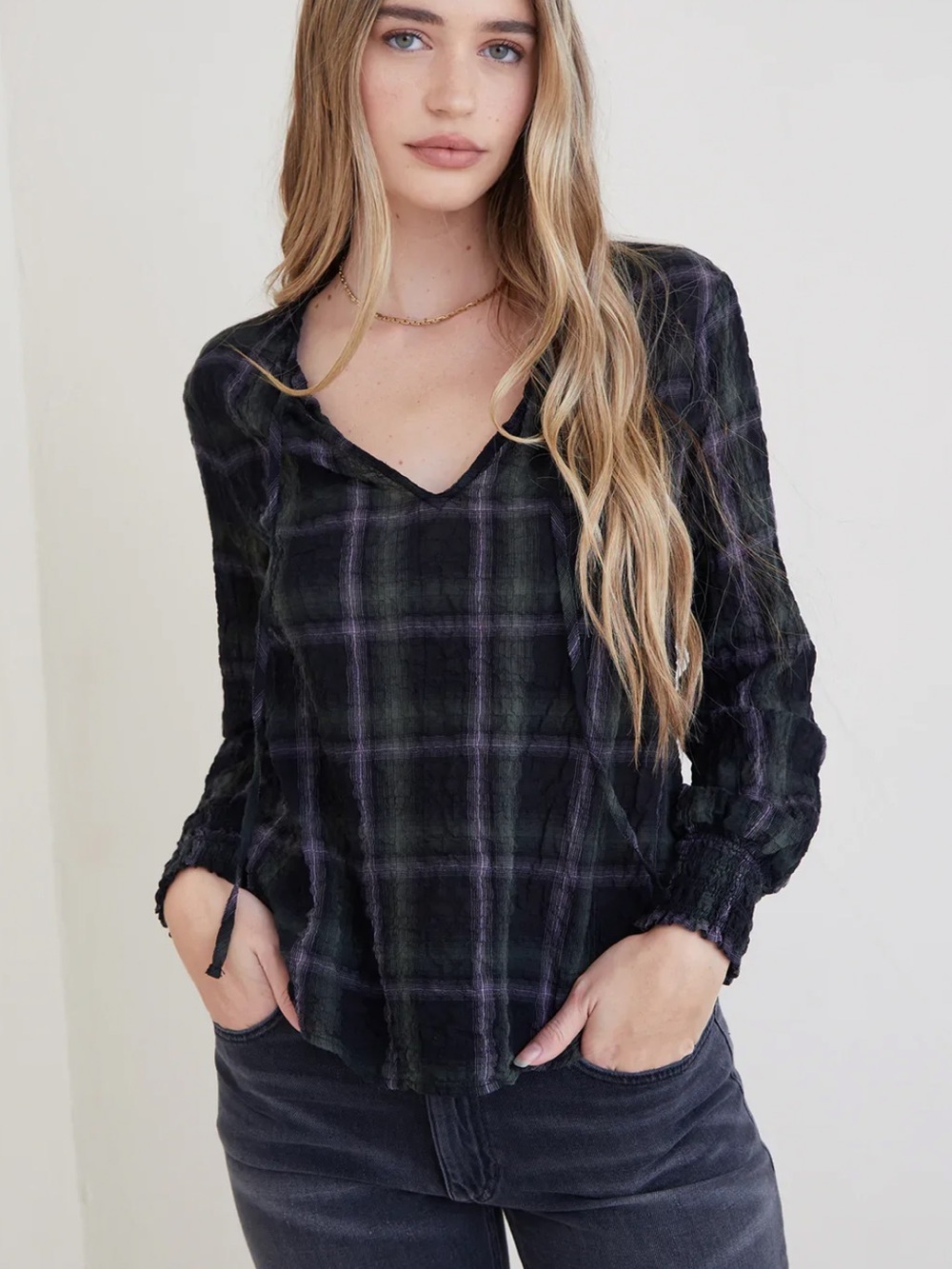 Bella Dahl Garden Plaid Tie-Neck Pull Over